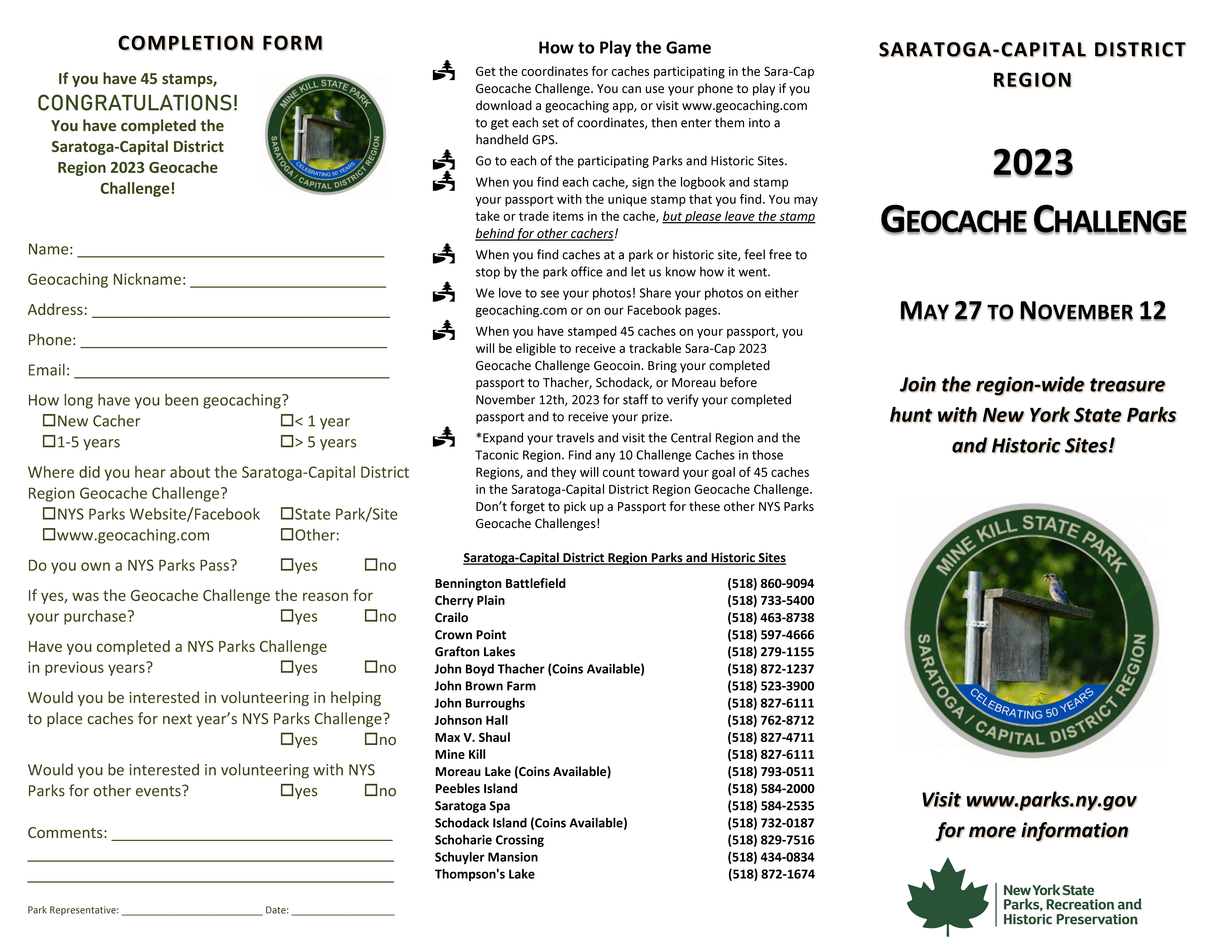 2023 Geocache Challenge Friends of Moreau Lake State Park, Inc.